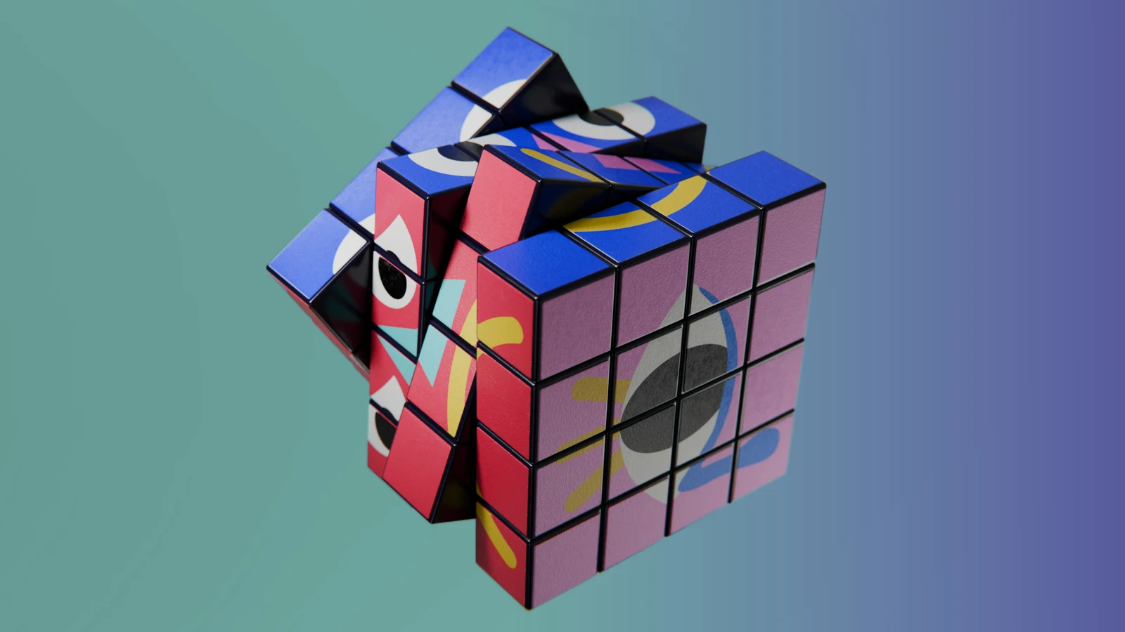 Pop art puzzle cubes, painted with eyes and mango shapes